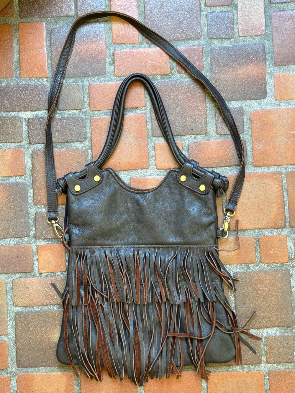 Leather Fringe Shoulder Bag - Dark Brown